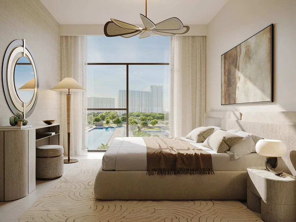 Warm neutral bedroom interior at Terra Gardens