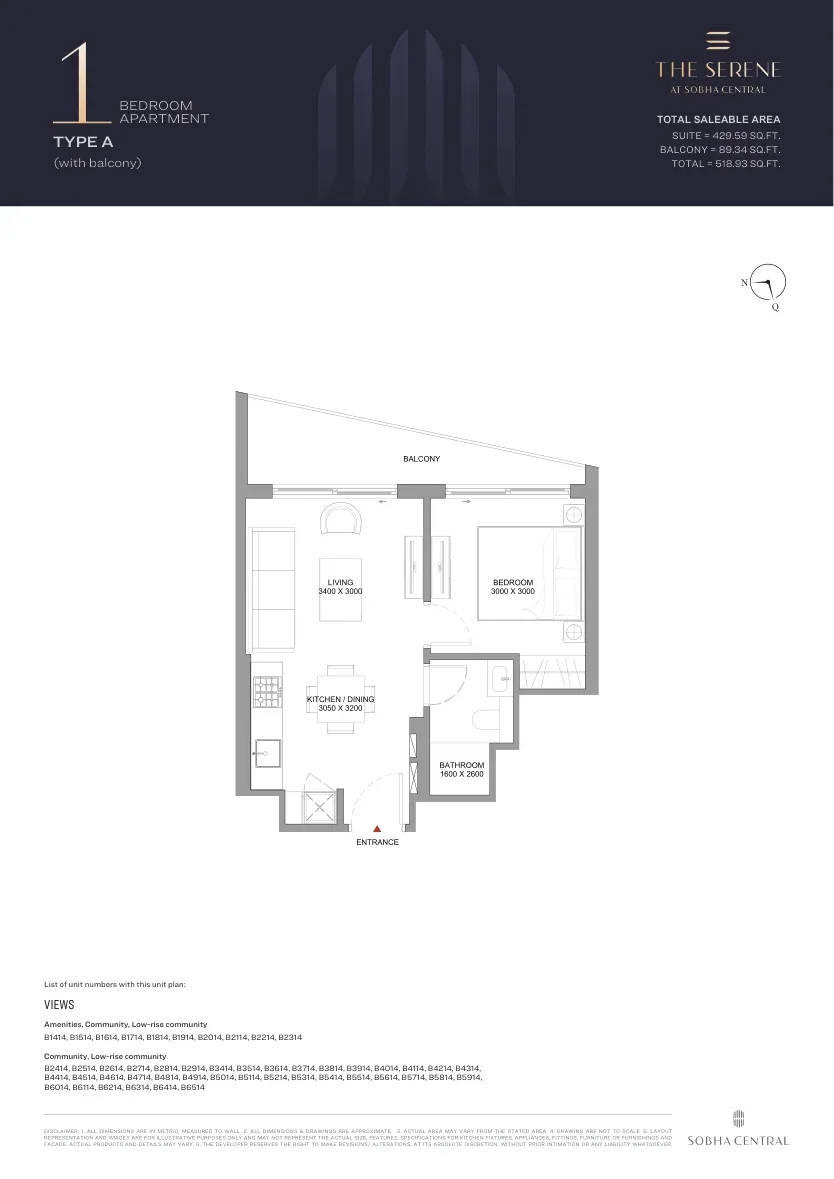 Official one-bedroom floor plan at The Serene